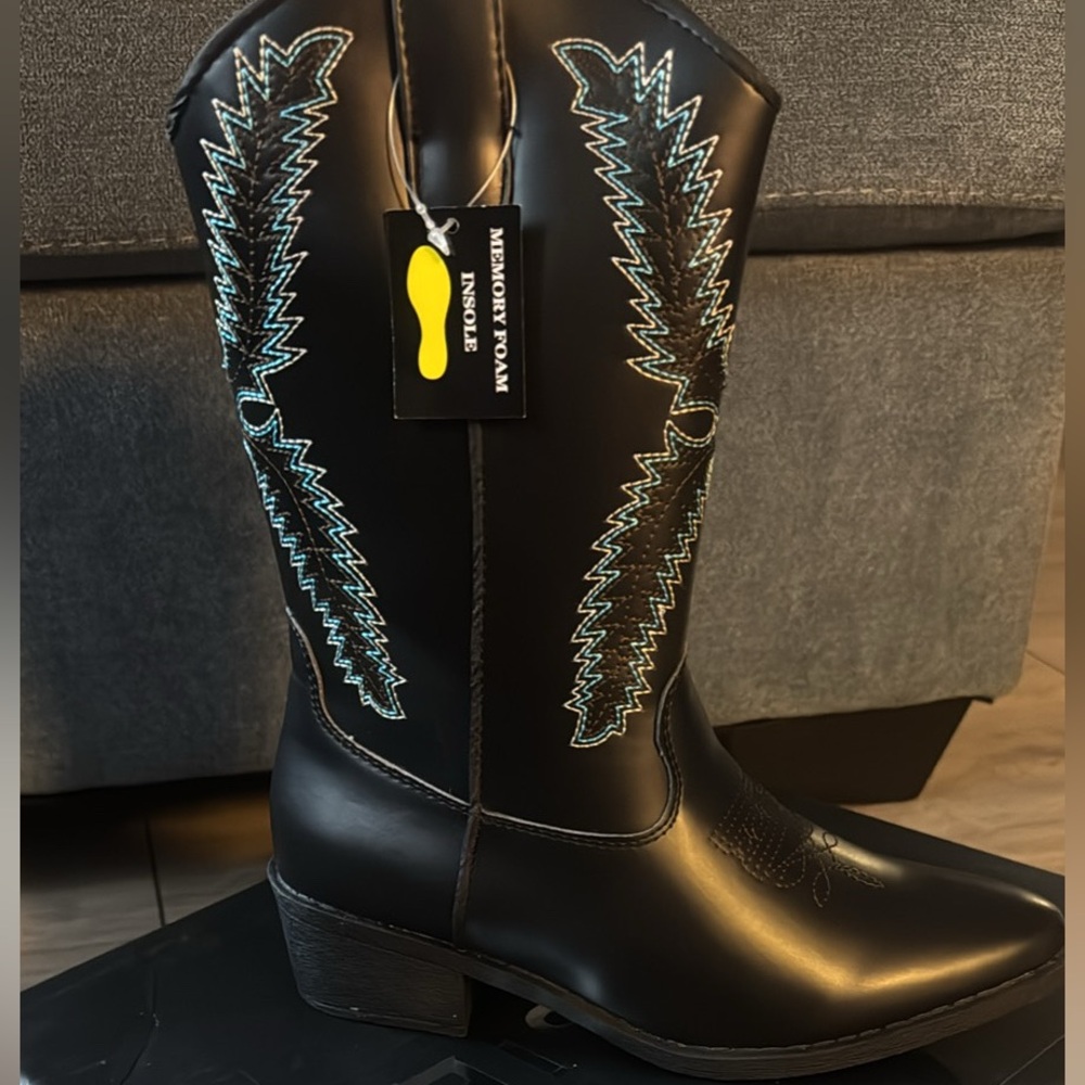 Fashion Nova Black Boots with Blue Embroidery